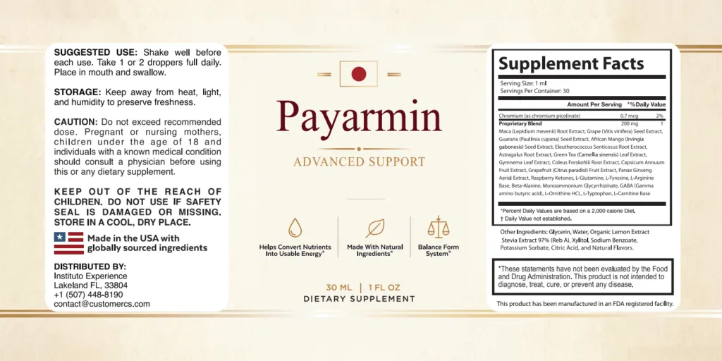 Payarmin supplement facts label showing chromium and the full proprietary blend